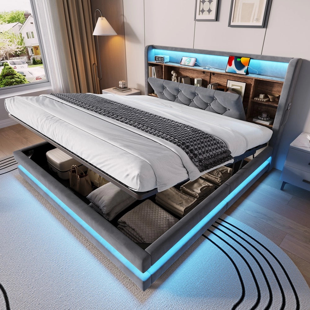 Letto imbottito contenitore ¨C Minimal ¨C grigio scuro velluto 140x200cm con testiera LED idraulico rete a doghe