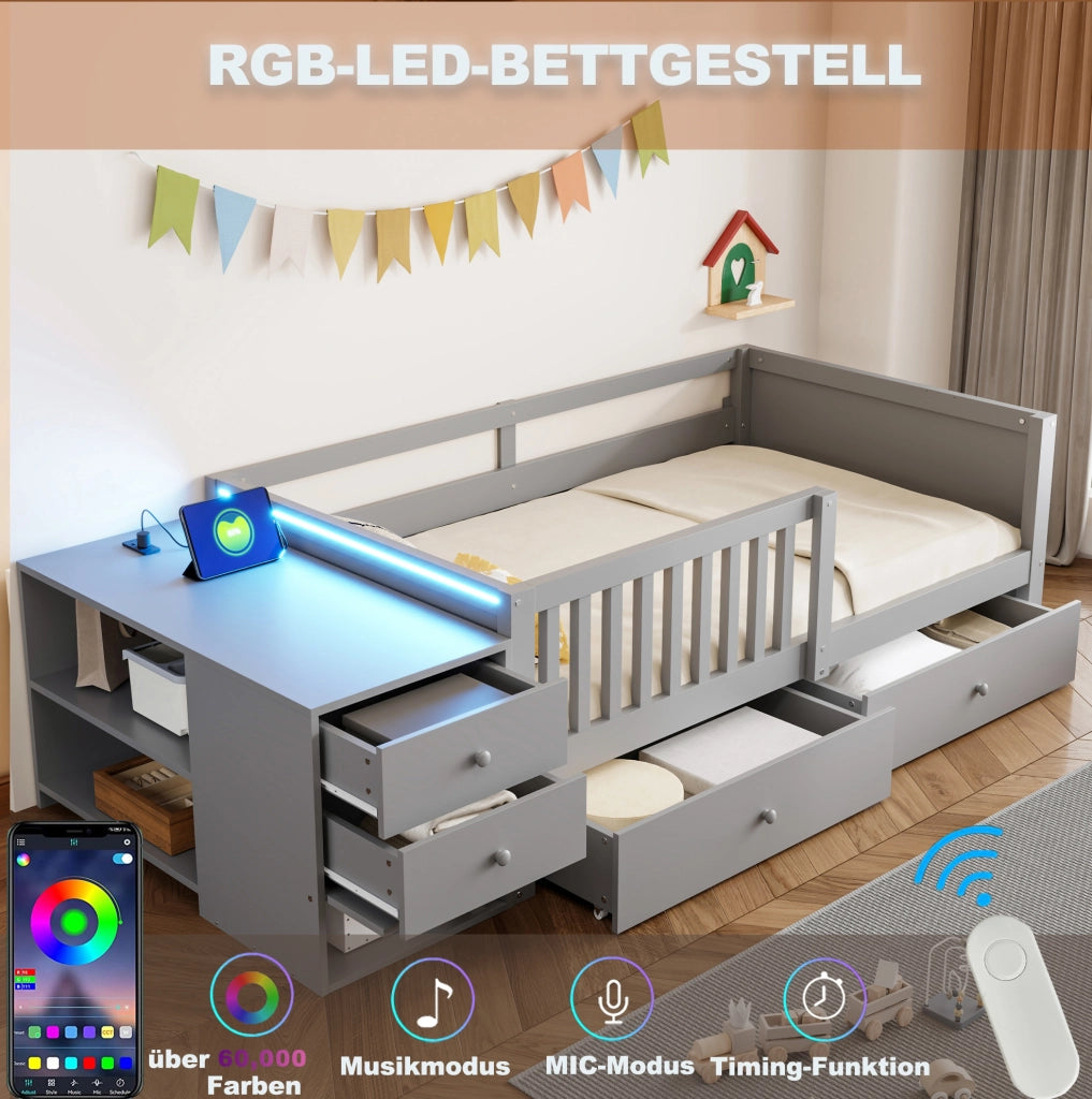 Letto alto per bambini 90x200 cm con contenitore, LED e presa