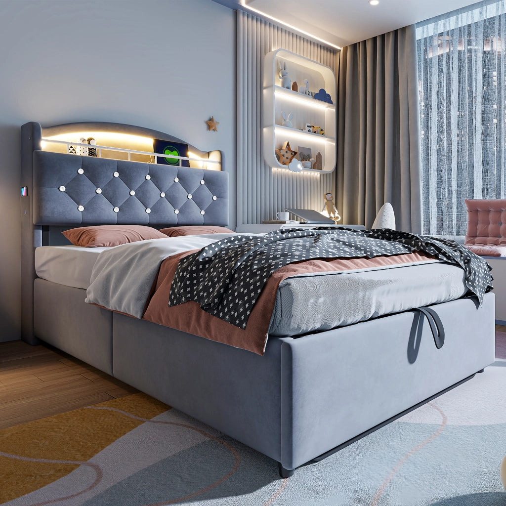 Letto imbottito per bambini 90x200; contenitore con LED e prese USB; velluto grigio
