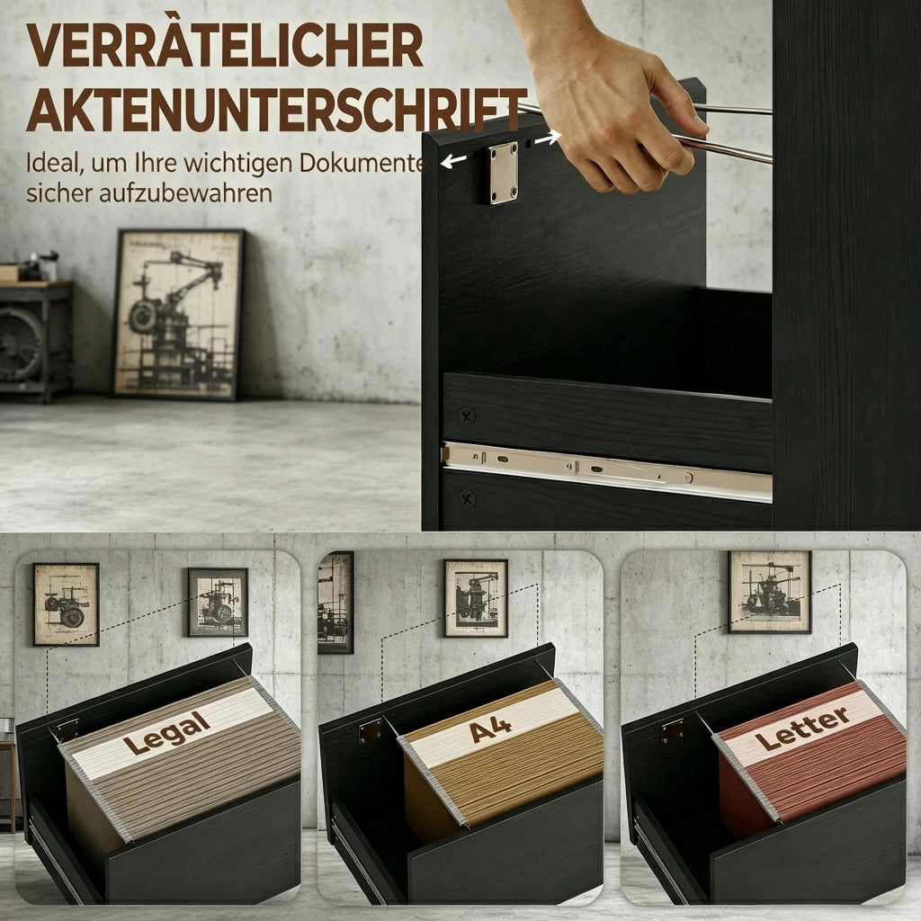 Scrivania dritta con libreria a 4 vani e cassetto con serratura; piano 100 × 50 cm; nera 126 × 50 × 109 cm