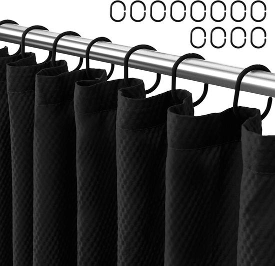 Set di Doccia Elegante Nero a Tela a Wafel con 12 Ganci, 183x183 cm