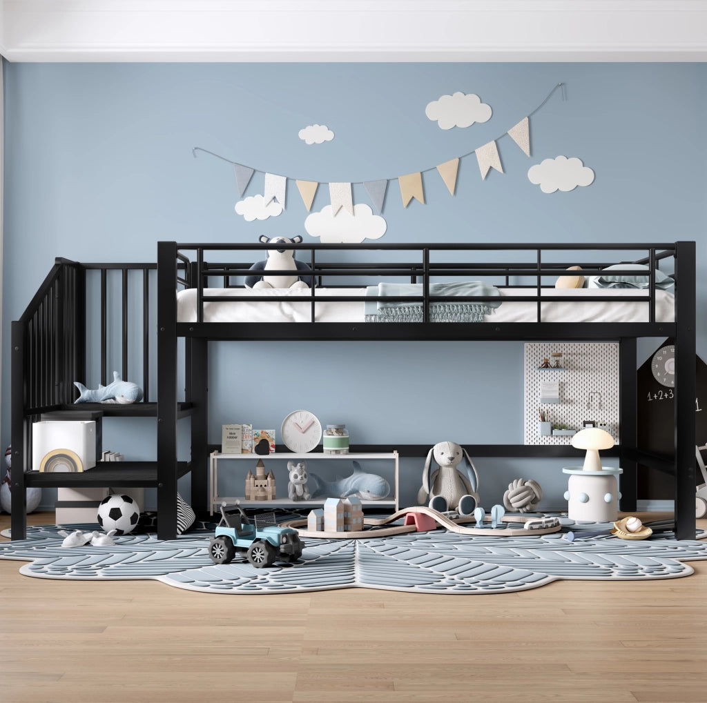 Letto a soppalco per bambini 90x200 cm in metallo nero con scala contenitore