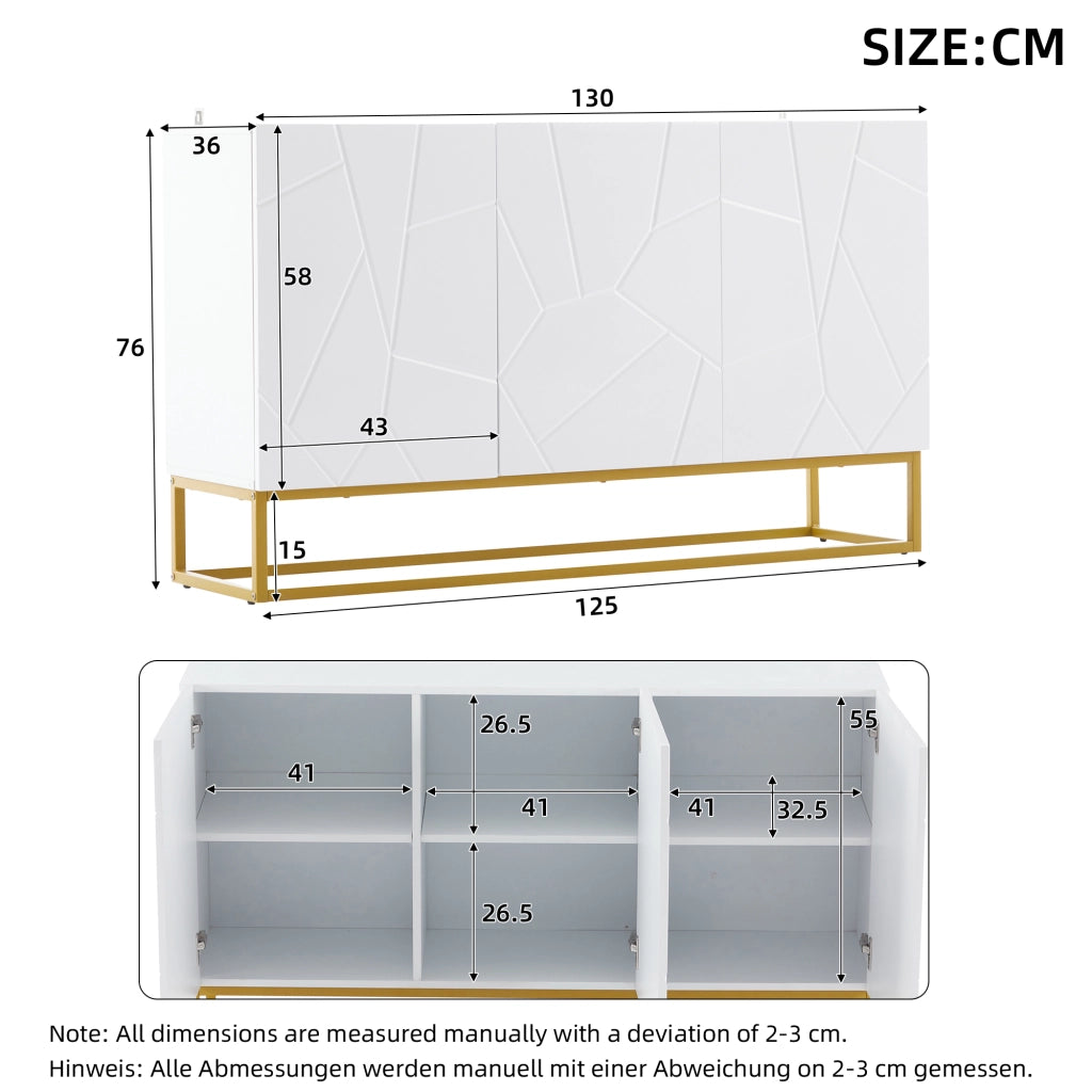 Credenza e madia con 3 ante e ripiani regolabili, frontali lucidi per soggiorno, bianco e oro, 130 × 38 × 76 cm