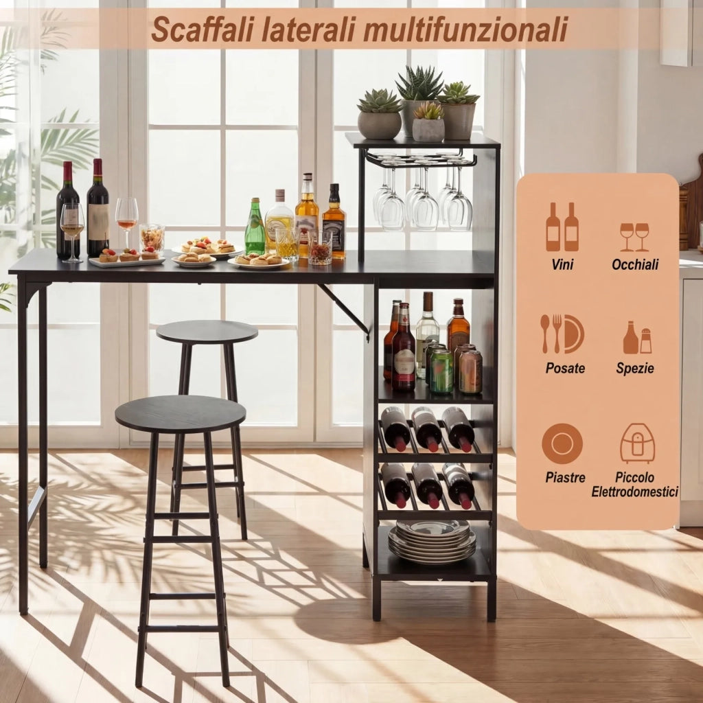 Set tavolo e sgabelli da bar 3 pezzi neri, design industriale, con portabicchieri e 6 portabottiglie, 120 cm, robusto, salvaspazio per casa