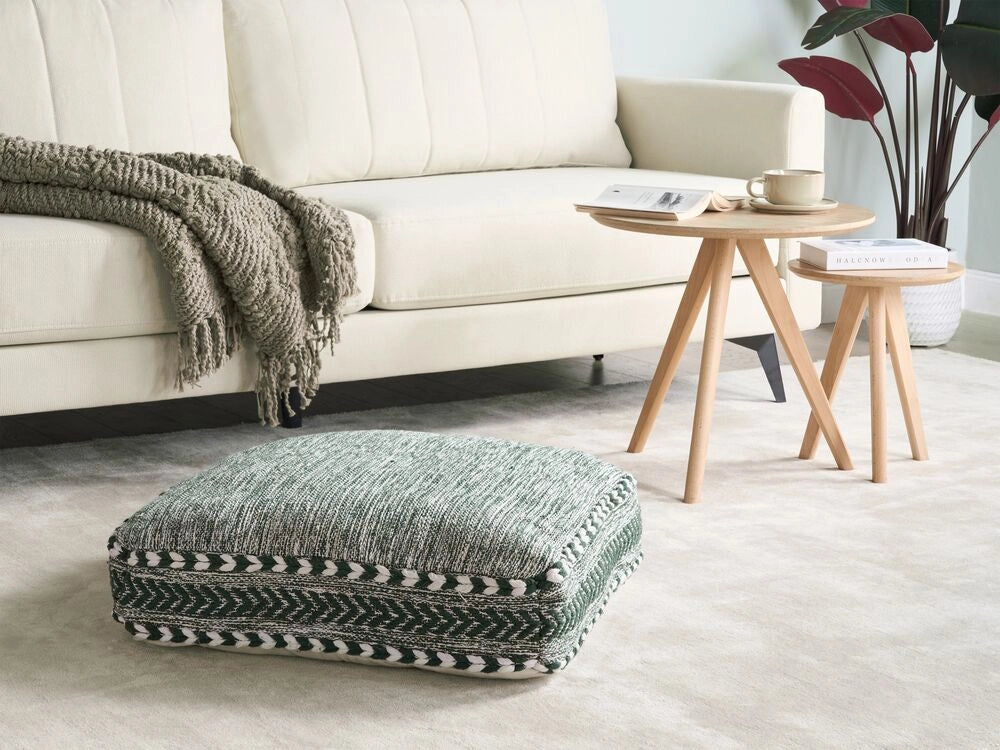 Cuscino da pavimento in cotone verde e bianco 60 x 60 x 12 cm Pouf quadrato con motivo geometrico boho moderno in tessuto
