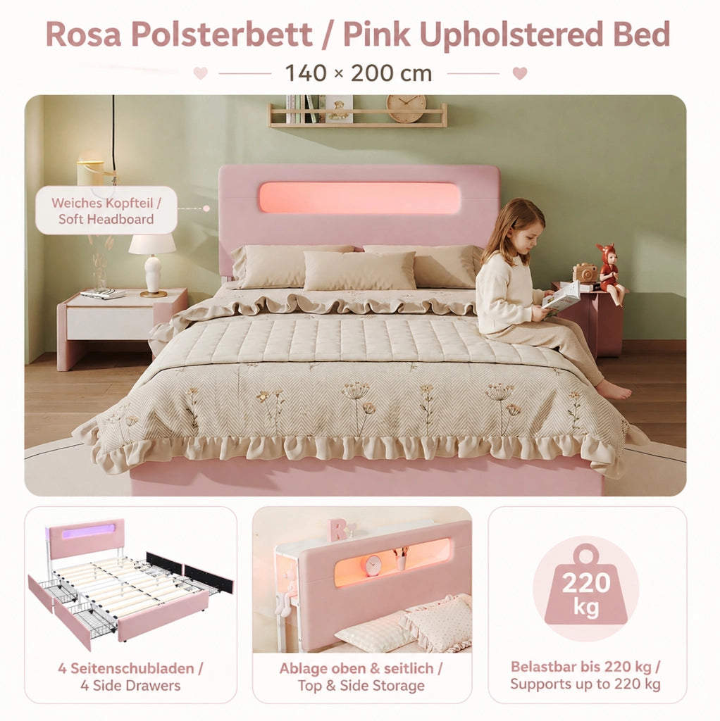 LETTO IMBOTTITO 140x200 cm Rosa in Velluto con 4 Cassetti e LED