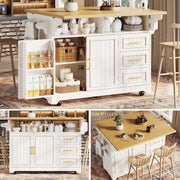 Isola Cucina Multifunzionale su Ruote con Estensione Tavolo Regolabile, Piani Ribaltabili Lato Doppio, Ante a Motivo Verticale, Ampio Spazio con Cassetti