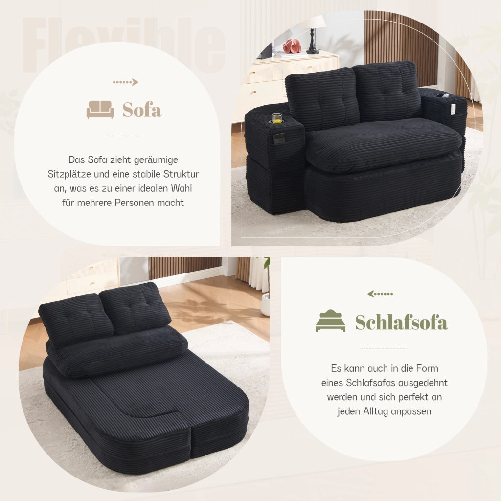 Poltrona letto 2 in 1 con braccioli rimovibili; portabevande e tasche laterali; velluto a coste nero