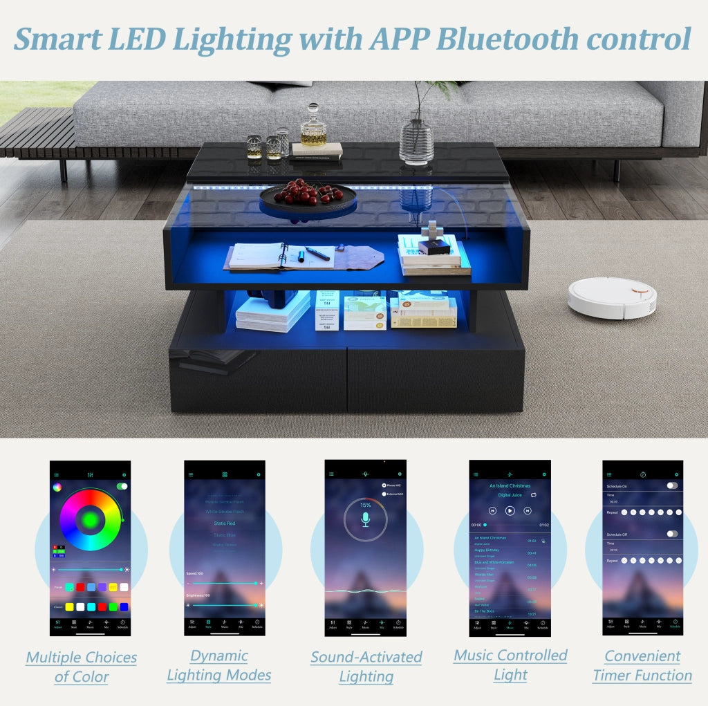 Tavolino da caffè quadrato alzabile 80x80x45 cm con LED; 2 cassetti; vetro temperato; nero