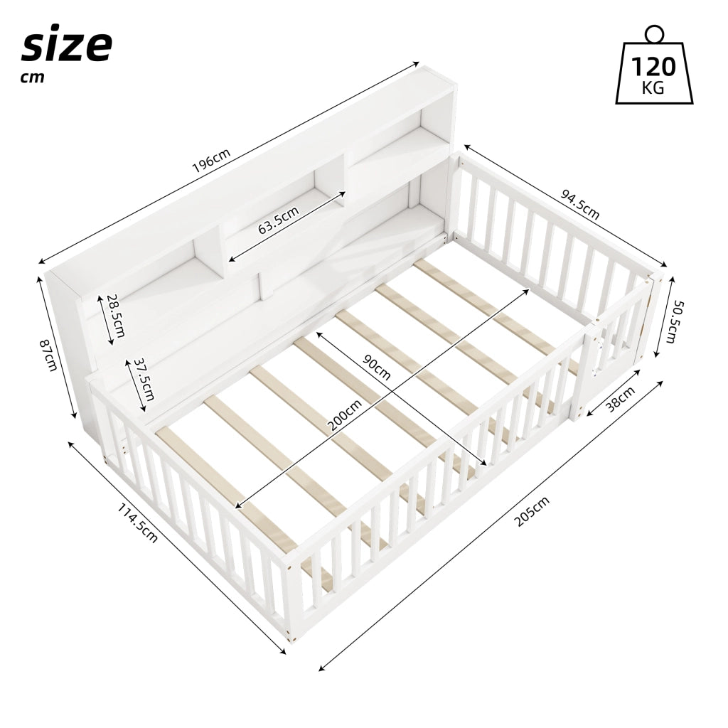 Letto da giorno 90 × 200 cm con vani laterali e rete a doghe in legno e MDF bianco con sponde apribili