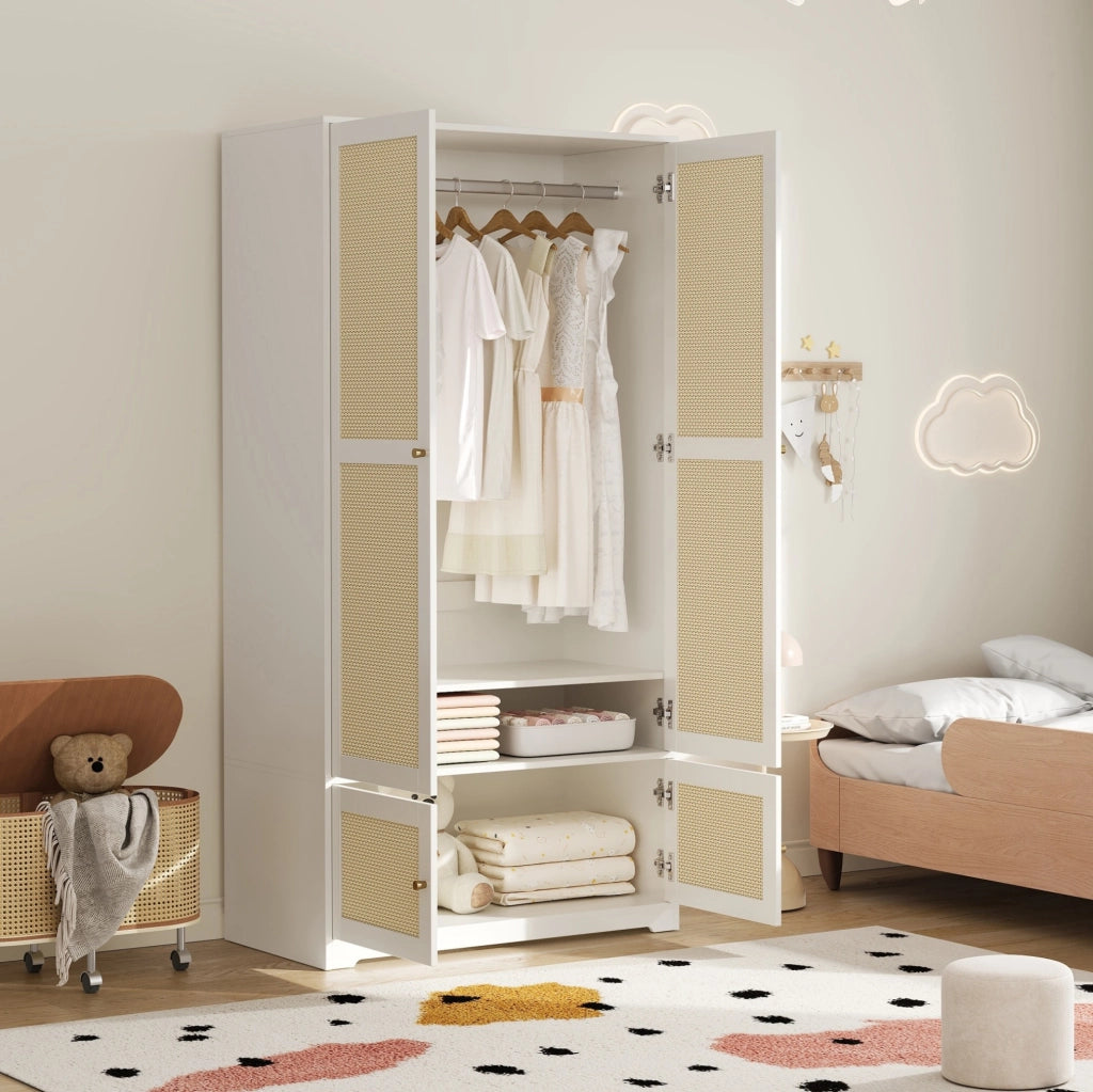 Armadio a Due Ante in Legno 90 x 48 x 180 cm con Ante in Rattan Bianco - Ideale come regalo per Halloween e Natale