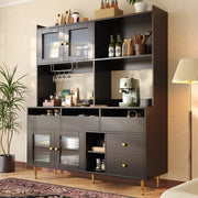 Credenza alta con vetro cannettato e portabottiglie, vani aperti per cucina e sala da pranzo, nera, 145 × 39 × 171 cm