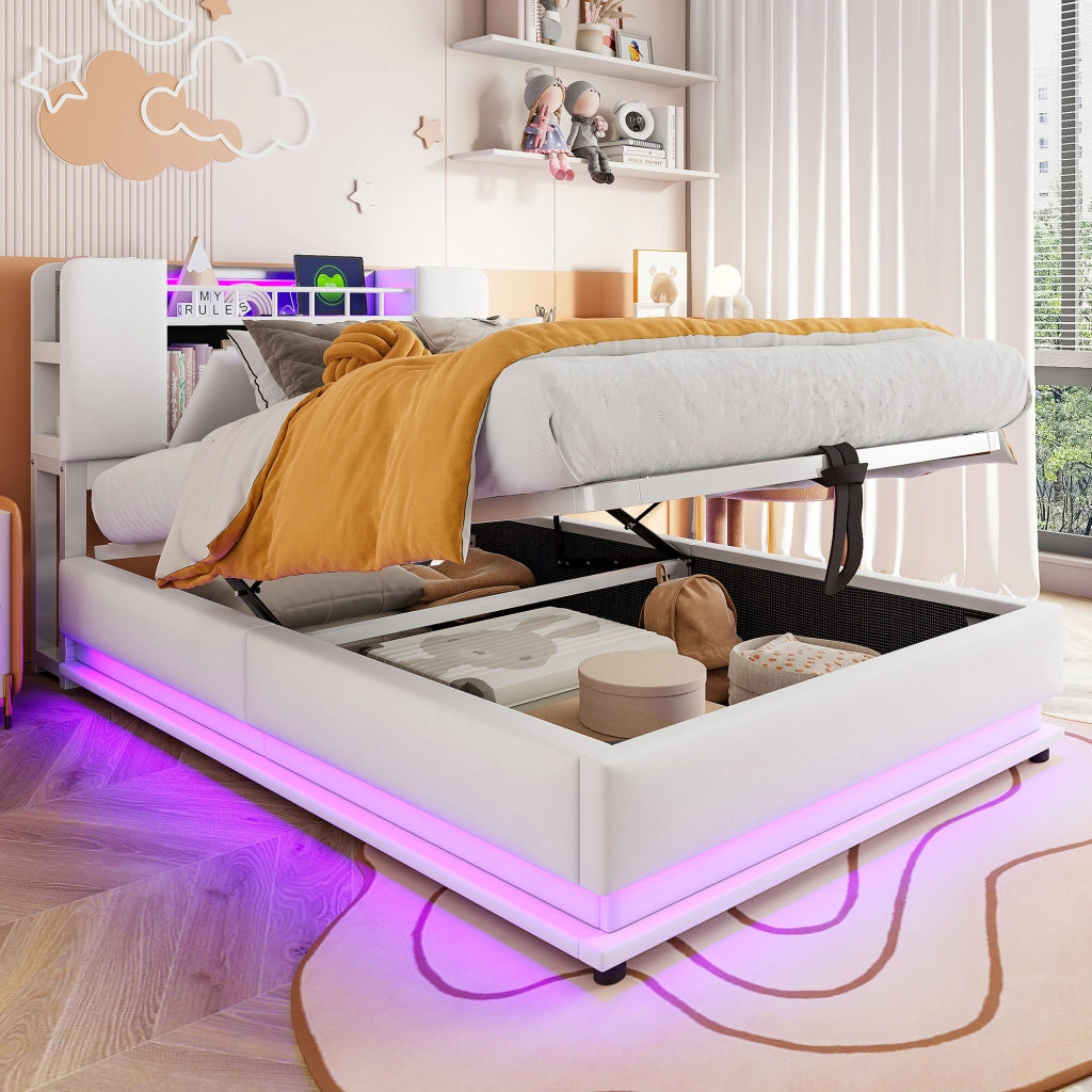Letto per bambini 90 × 200 cm con LED, USB, vano in testiera e contenitore idraulico, senza materasso, beige
