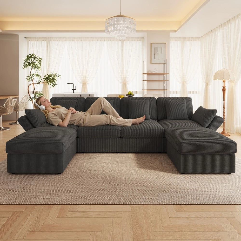 Divano angolare 6 posti ¨C Minimal ¨C grigio tessuto con braccioli regolabili poggiapiedi rimovibile