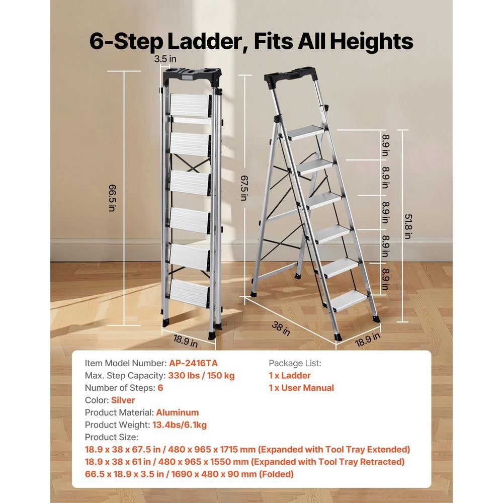 6 Step Ladder, Folding Step Stool With Wide Anti-Slip Pedal And Comfort Handgrip, 330 Lbs Capacity Portable Aluminum Stepladder, Multi-Use For Kitchen, Warehouse, Household And Office, Silver