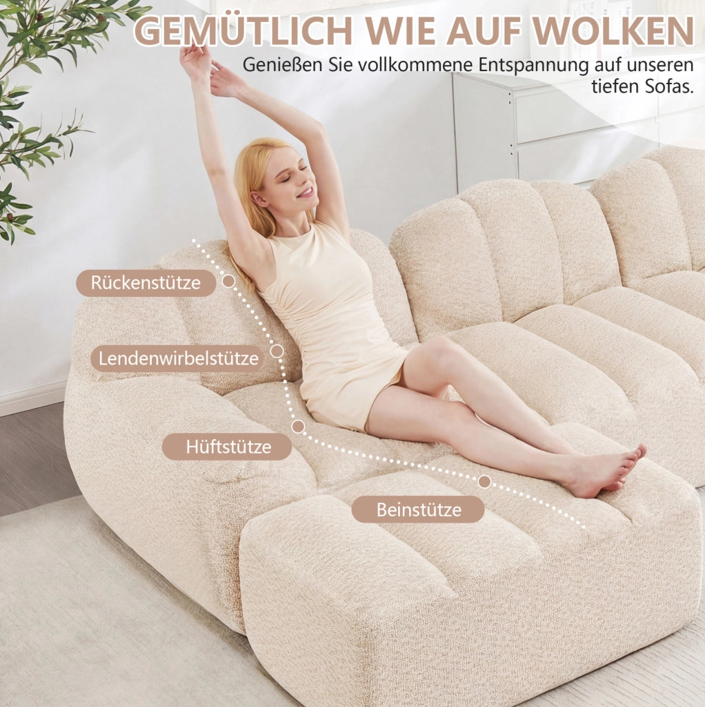 Divano modulare a 4 posti con pouf, schiuma ad alta densità 32D, tessuto morbido beige e bianco