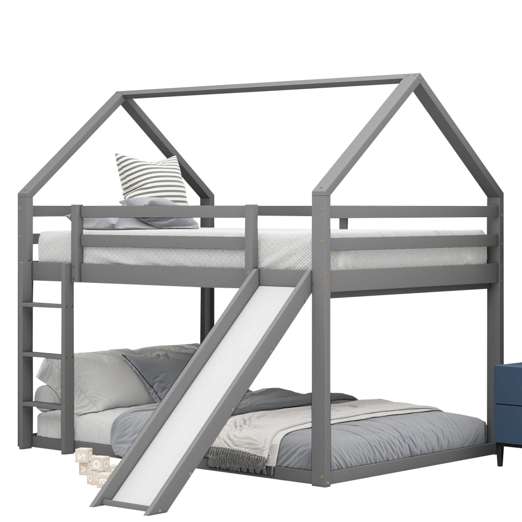 Letto a castello per bambini 140 × 200 cm 4 posti con scivolo e scala; senza materasso; in pino e MDF grigio
