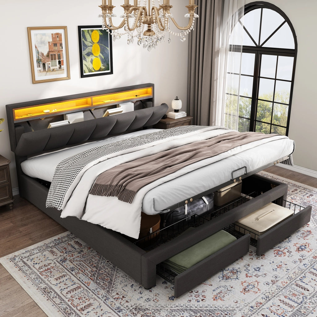 Letto imbottito matrimoniale 160x200 cm con LED; rete a doghe; contenitore; grigio scuro in lino e acciaio