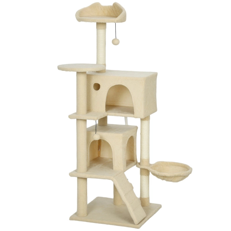 Tiragraffi per gatti con amaca, cuccia, scala e piattaforma superiore beige, pali in sisal, per 1-3 gatti