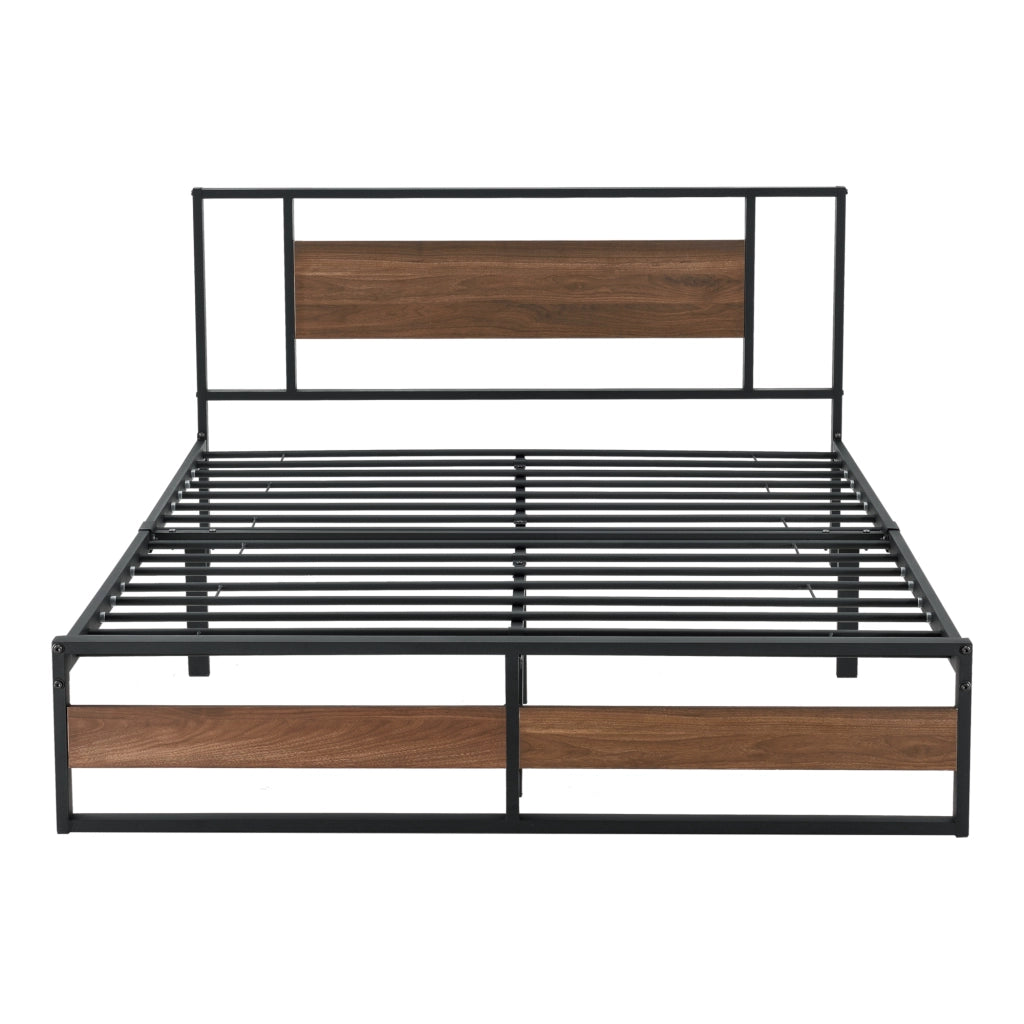 Struttura Letto Francese Villach in Acciaio 140 x 200 cm - Nero/Effetto Noce [en.casa]