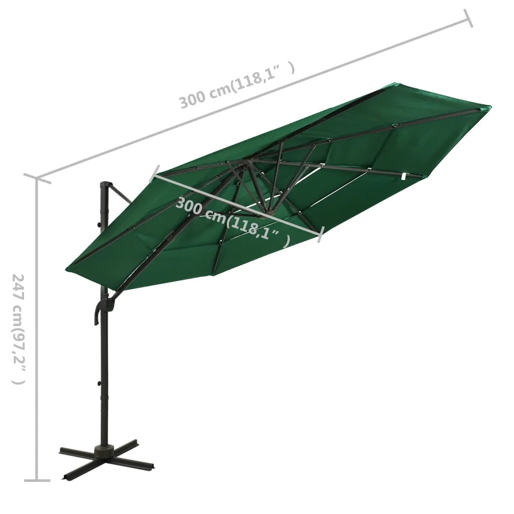 Ombrellone a Sbalzo 4 Livelli Palo Alluminio Verde 3x3 m 313829