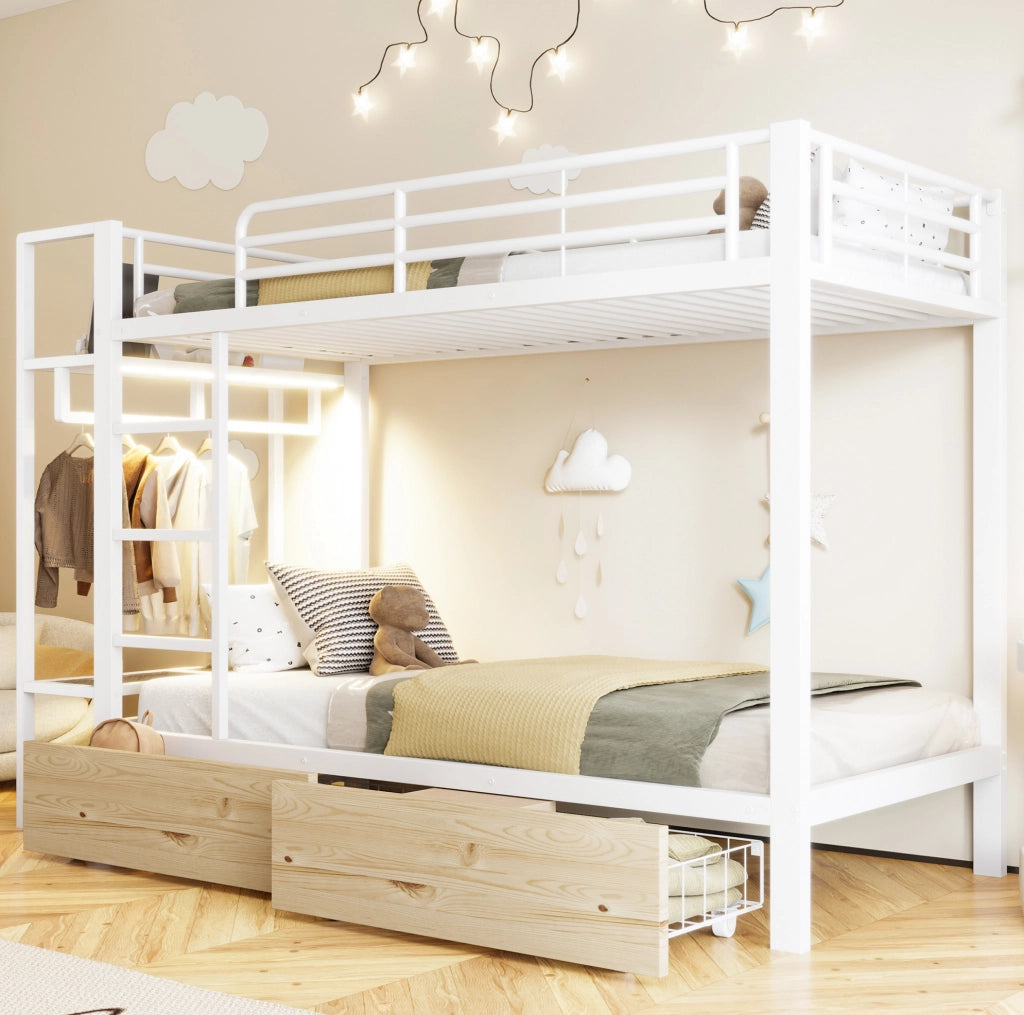 Letto a castello 90x200 cm con LED, cassetti e ripiani in metallo e MDF bianco