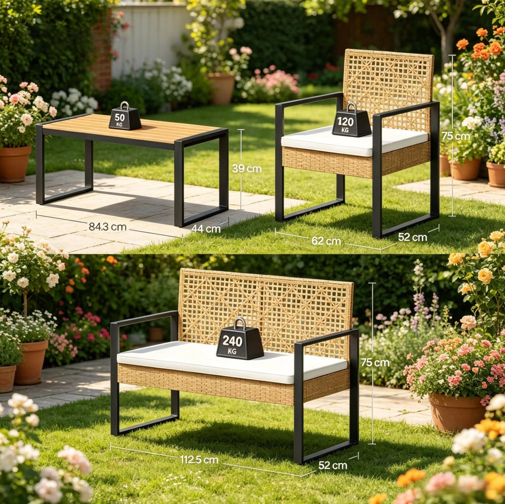 Set mobili da giardino modulari in rattan PE; 2 posti; 2 poltrone e tavolino; naturale