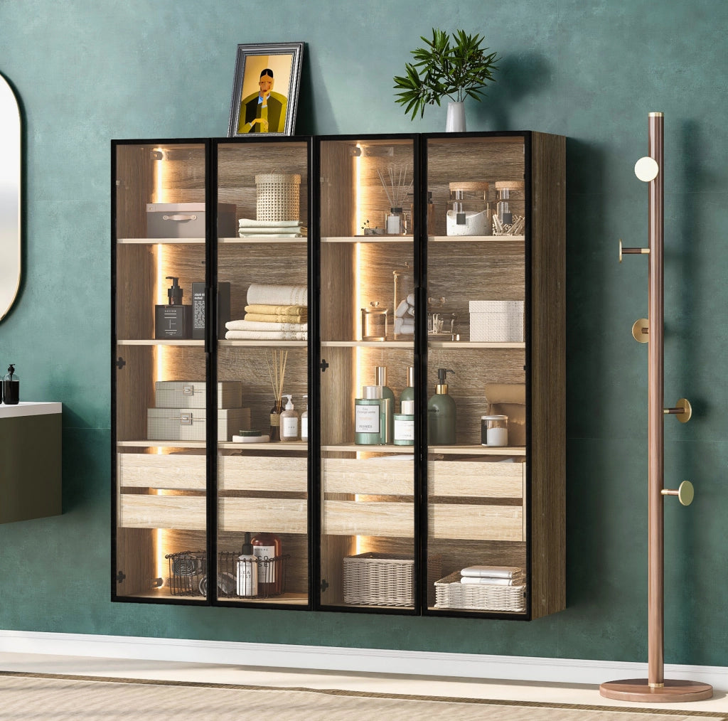 Set di 2 Armadietti da Bagno con LED, 73 cm, 2 Cassetti e 2 Porte in Vetro Satinato Marrone Chiaro
