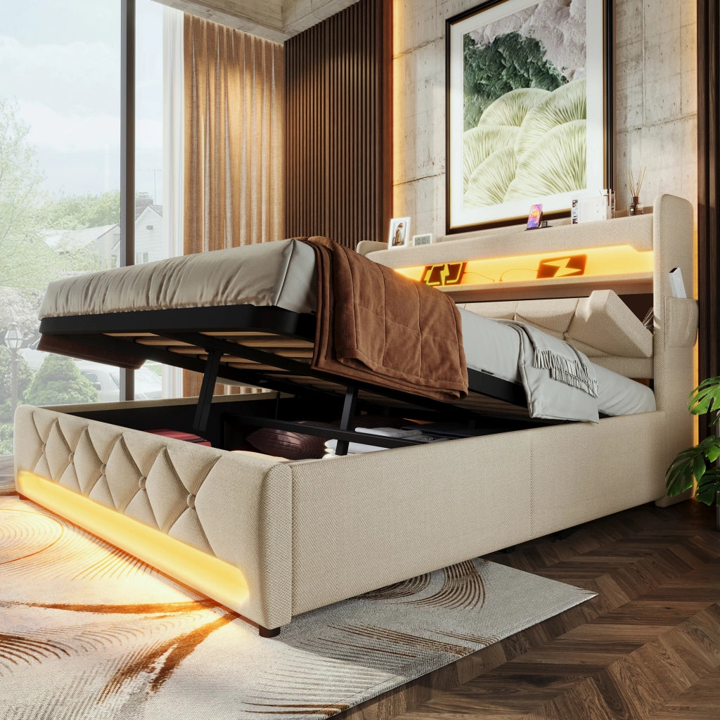 DESMIU Letto Contenitore 140 × 200 cm 2 posti con LED, USB, Type-C e vano idraulico, con materasso, beige