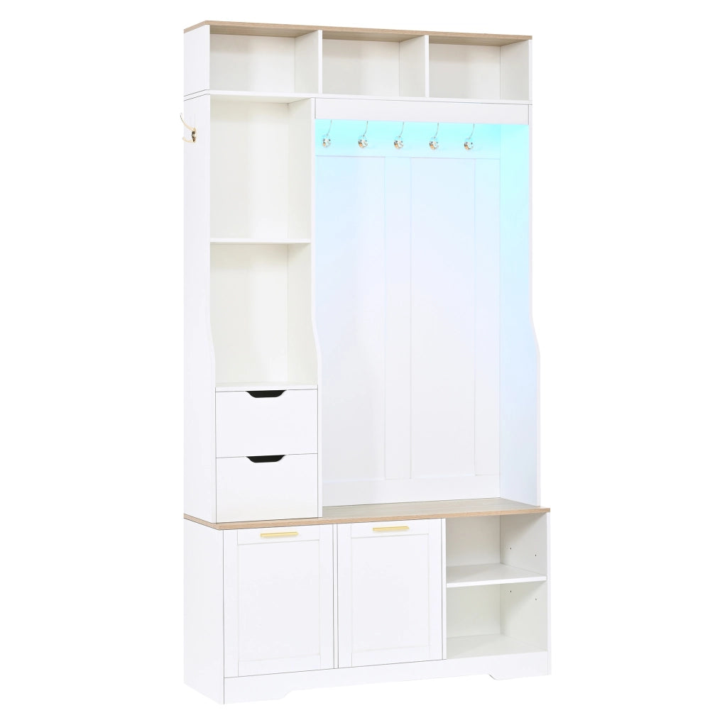 Mobile ingresso con guardaroba; panca e luce LED controllata da app; 100 x 32 x 186 cm bianco