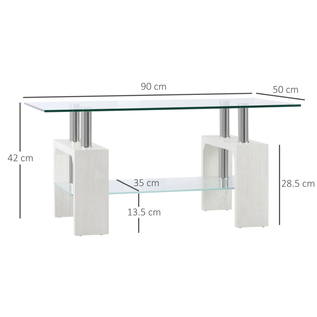 Tavolino da Caff¨¨ Moderno a 2 Livelli in Vetro e Legno, 90x50x42cm, Bianco