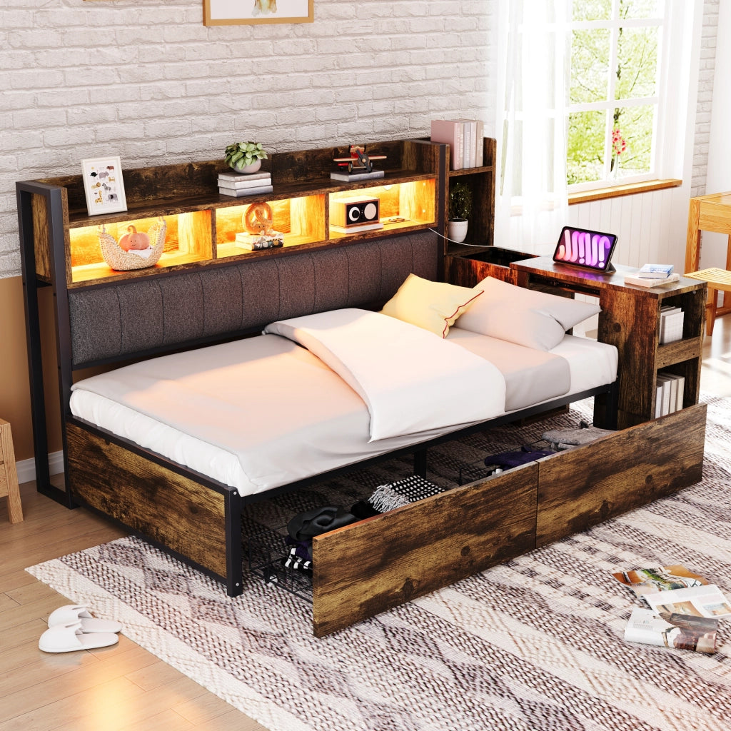 OKWISH Letto a Divano 90×200 cm, Letto Singolo con 2 Cassetti, Prese e LED, Scrivania Estraibile, senza Materasso, Legno Naturale