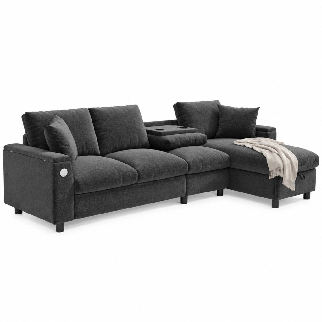Divano angolare con funzione letto e chaise longue reversibile tavolino pieghevole porte USB e Type C contenitore braccioli chenille grigio