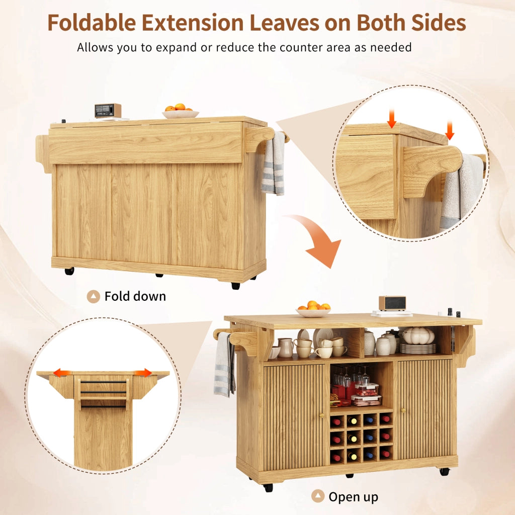 Carrello da cucina mobile con prolunghe pieghevoli; ripiani regolabili e portabottiglie estraibile in MDF naturale