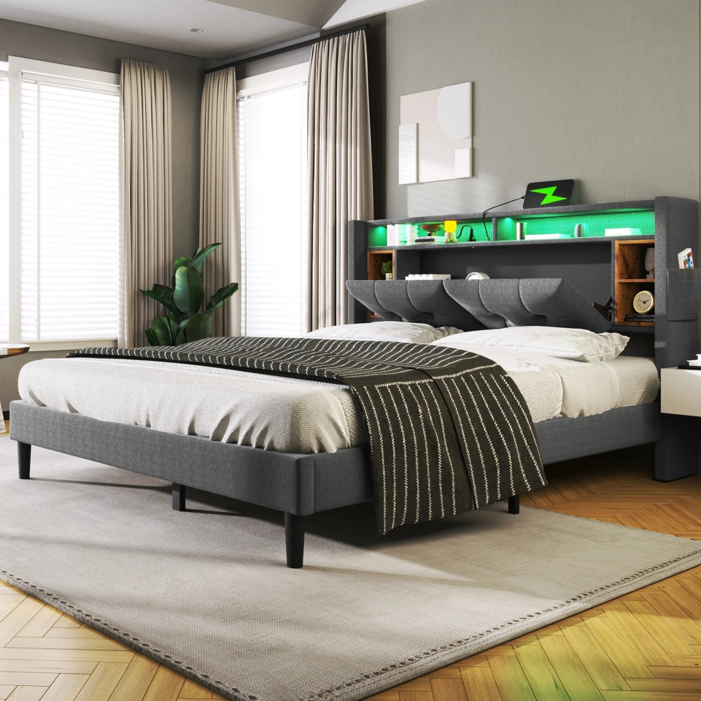 Letto matrimoniale imbottito 140 ¡Á 200 cm con testiera contenitore USB prese LED legno grigio rete a doghe