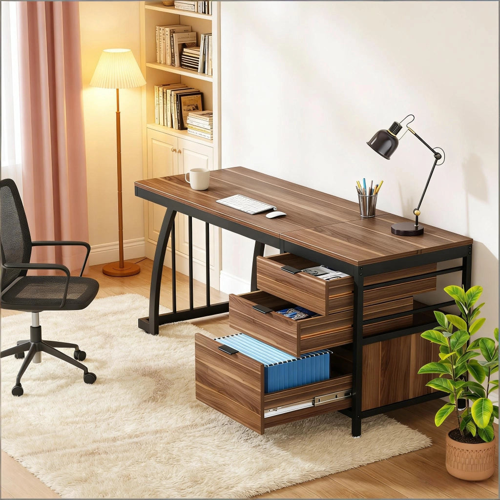 Scrivania con 3 cassetti 150 × 50 × 75 cm in legno e metallo con struttura regolabile colore noce