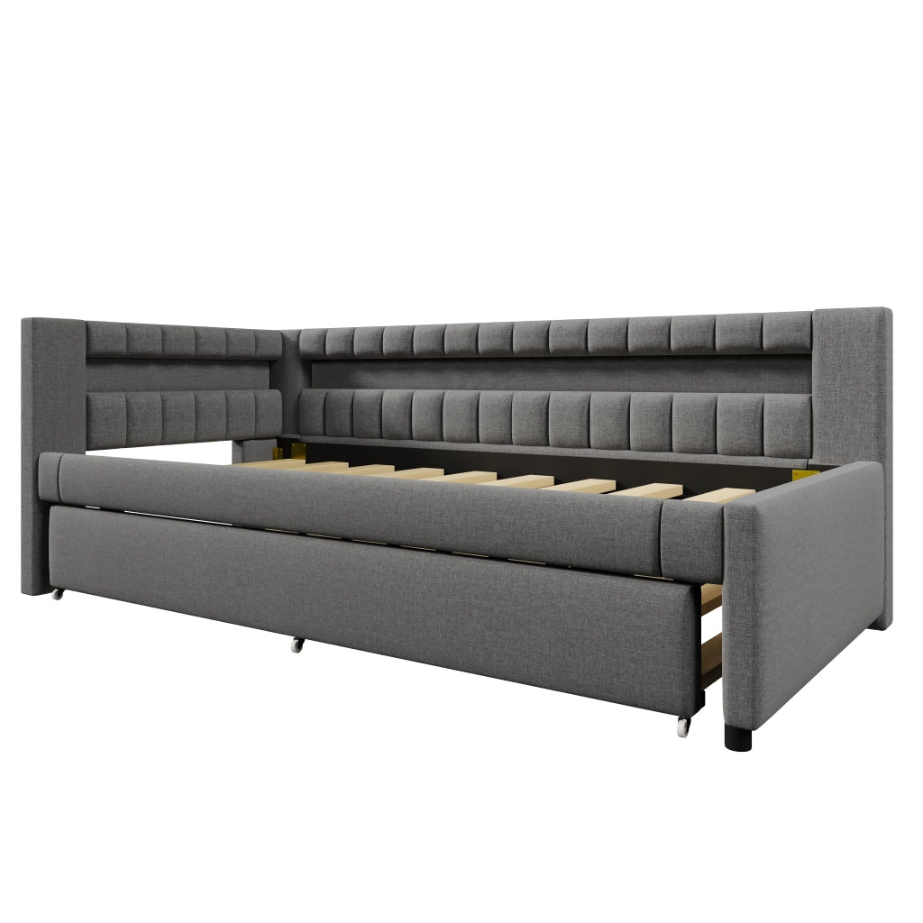 Letto divano 90x200 cm in lino grigio con letto estraibile; LED; USB e USB-C