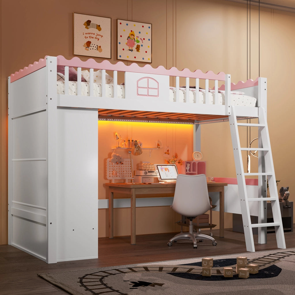 Letto a soppalco per bambini 90 × 200 cm con armadio, cassetto e illuminazione LED, senza materasso, bianco
