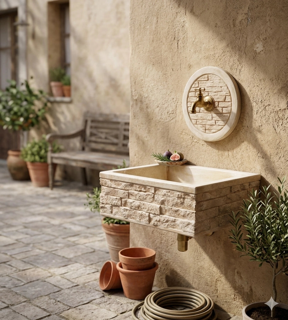 Lavello Rettangolare da Esterno 45x35 cm con Rosone Installazione a Muro in Cemento Mattone Faccia a Vista Meseta