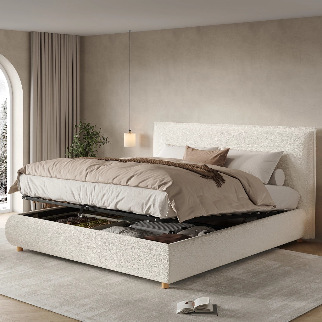 Letto imbottito 180 × 200 cm con contenitore idraulico rete a doghe testiera in bouclé bianco