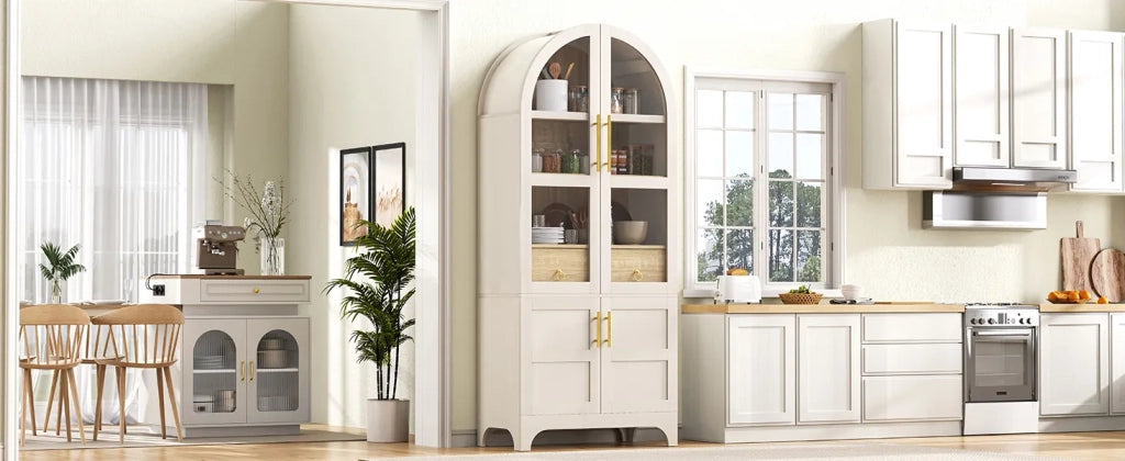 Highboard bianco con ripiani regolabili, cassetto e vetro scanalato. Mobile cucina con ampio spazio contenitore per soggiorno, sala da pranzo e cucina