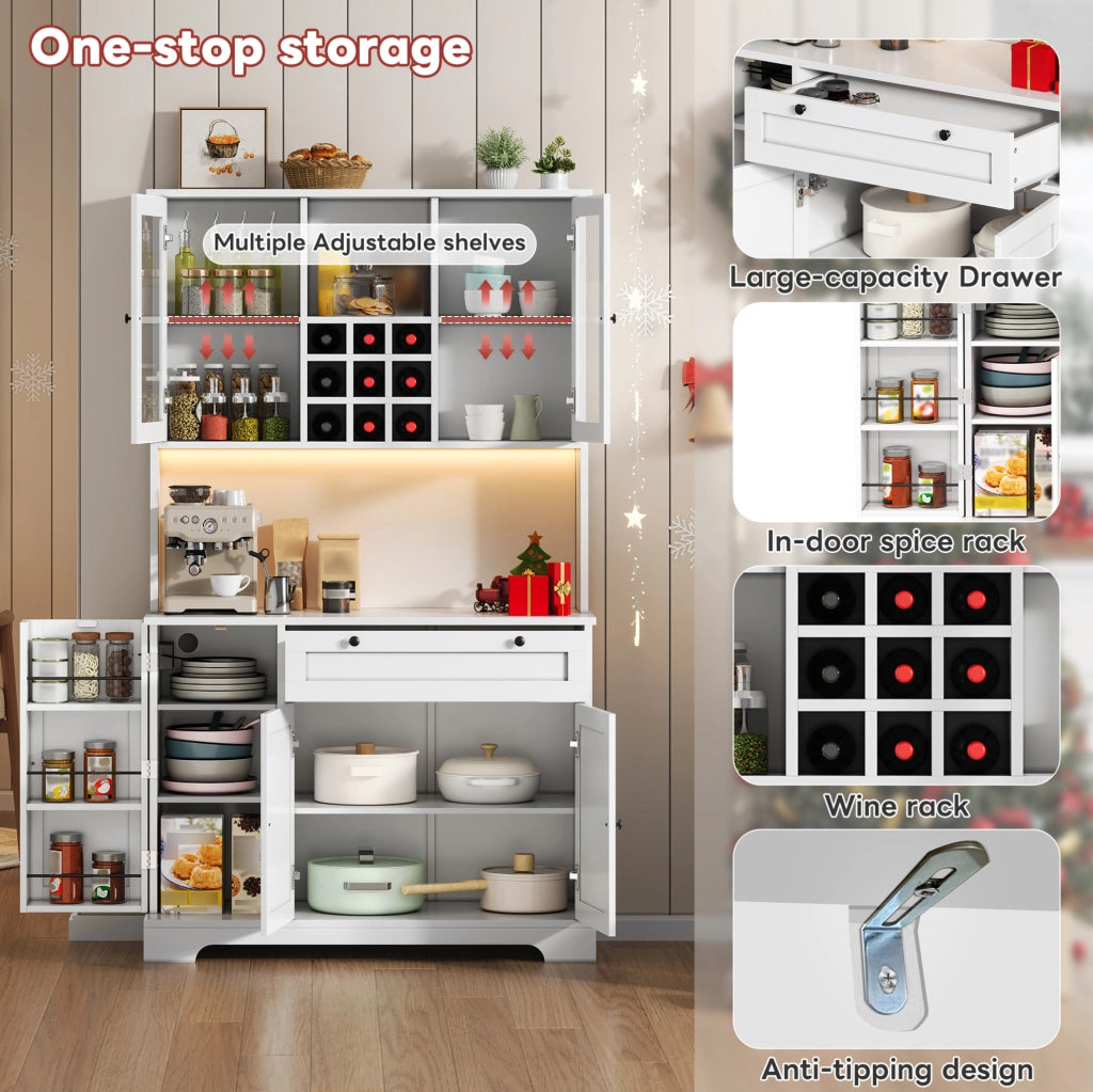 Mobile buffet con LED a cambio colore, ripiani regolabili, prese integrate, 180x105x40 cm, bianco e vetro temperato