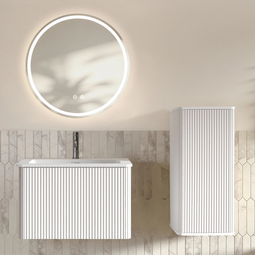Set mobili bagno sospesi con lavabo e specchio LED in vetro MDF compensato e solid surface bianco