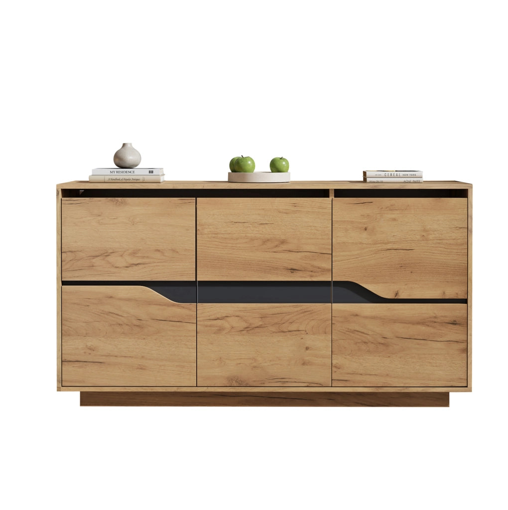 Madia 140x40x70 cm con 3 ante e ripiani regolabili; effetto rovere e nero HOMVRA