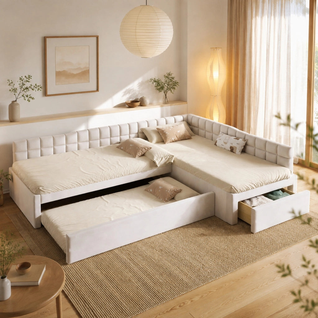 Letto angolare imbottito 90x200 beige con letto estraibile, cassetti e rivestimento morbido