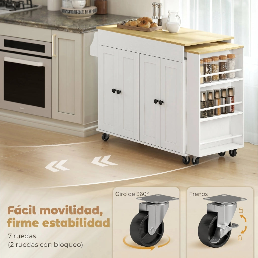 Carrello da Cucina con Ruote ¨C Xylo ¨C Piano Estraibile 4 Ante Ripiani Regolabili Portaspezie Bianco