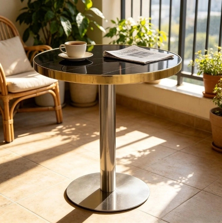 Tavolino rotondo 60 cm in MDF nero effetto marmo, struttura dorata per soggiorno