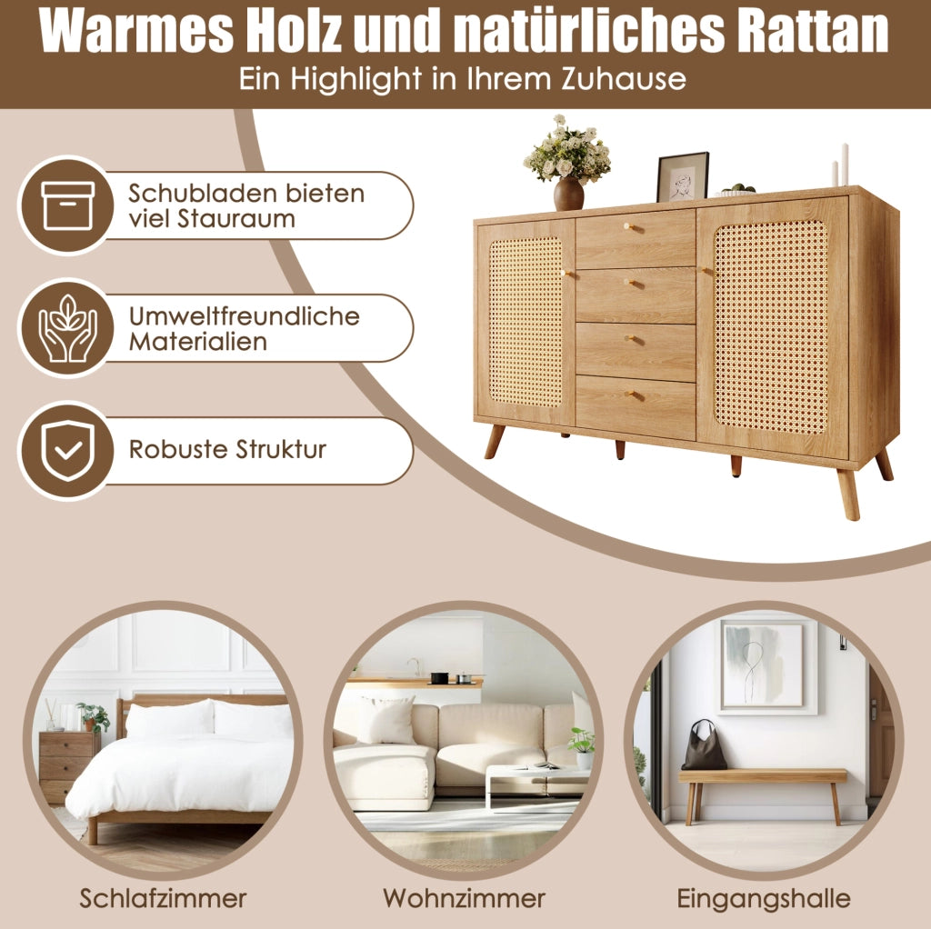 Credenza 140 cm effetto rovere chiaro con 4 cassetti e 2 ante