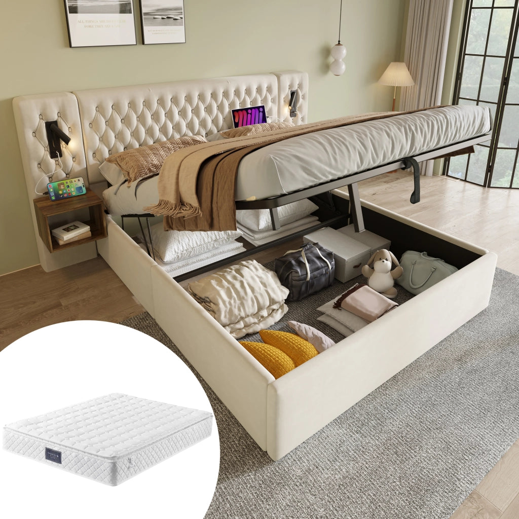 Letto matrimoniale completo 160x200 cm beige con contenitore idraulico