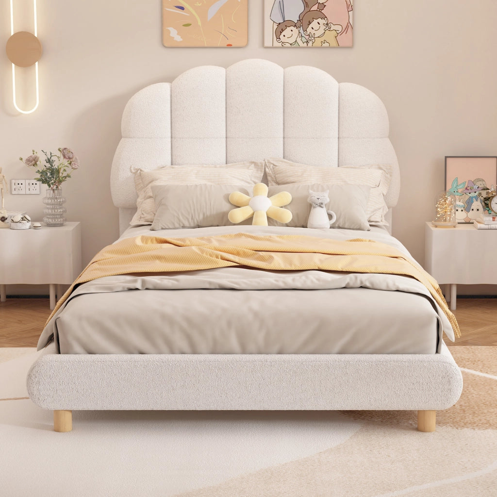 Letto singolo per bambini in peluche 90×200 cm con testiera a fiore, bianco, struttura in MDF con doghe, senza materasso